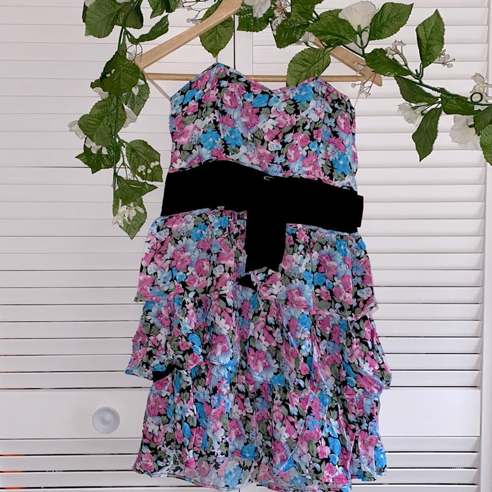 Strapless Floral Ruffle Mini Dress
